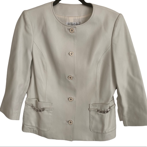 Rare White Stone St. John Leather Jacket with silver hardware size 6 - Picture 1 of 5